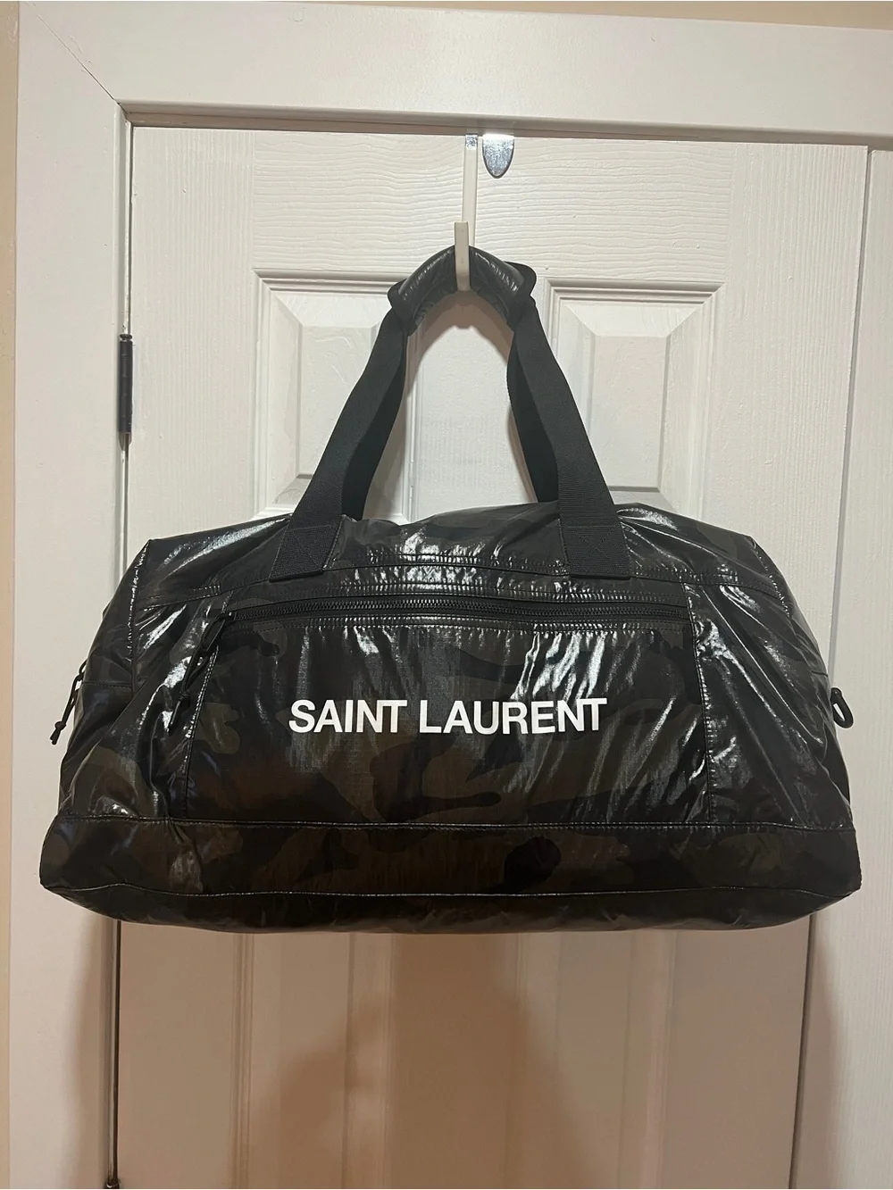 Saint Laurent Black Camouflage Duffel with White Logo